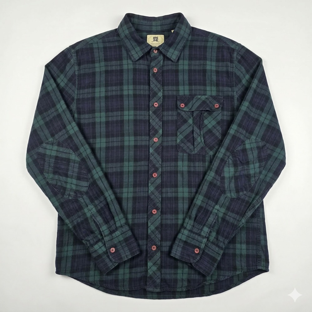 Levis Mens XL Green Navy Blackwatch Plaid Flannel Button Down Shirt Elbow Patch